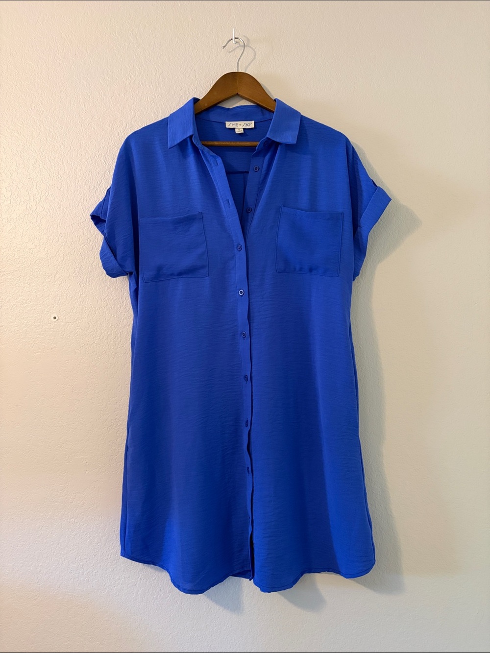 She + Sky Cobalt Blue Button-Front Shirt Dress